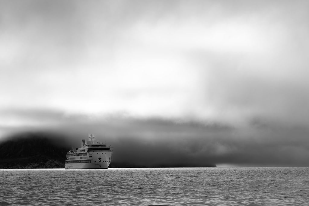 Greg Mortimer Ship In Fog Black And White